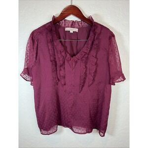 Ann Taylor Loft Maroon Polka Dot Ruffle Puff Sleeve V Neck Top Blouse Size Mediu